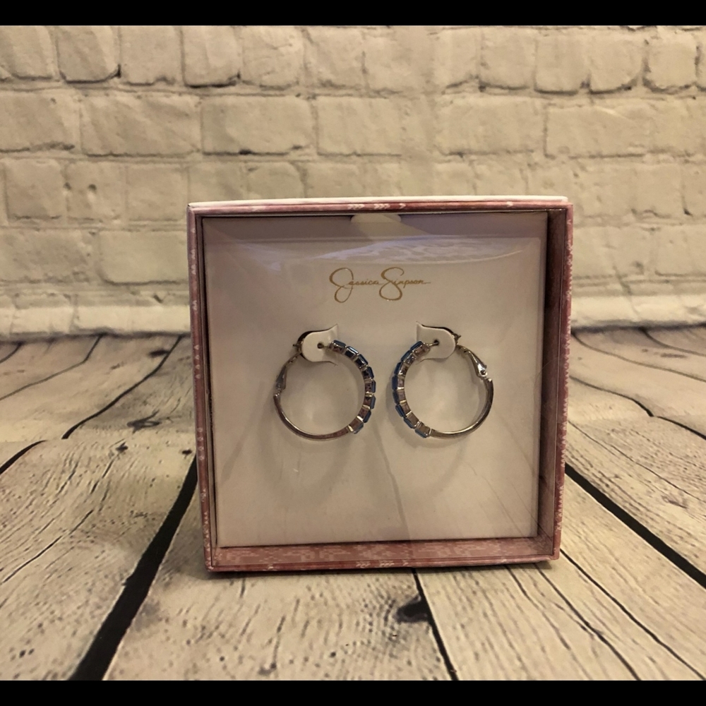 NIB Jessica Simpson blue rhinestone hoop earrings - Picture 2 of 5
